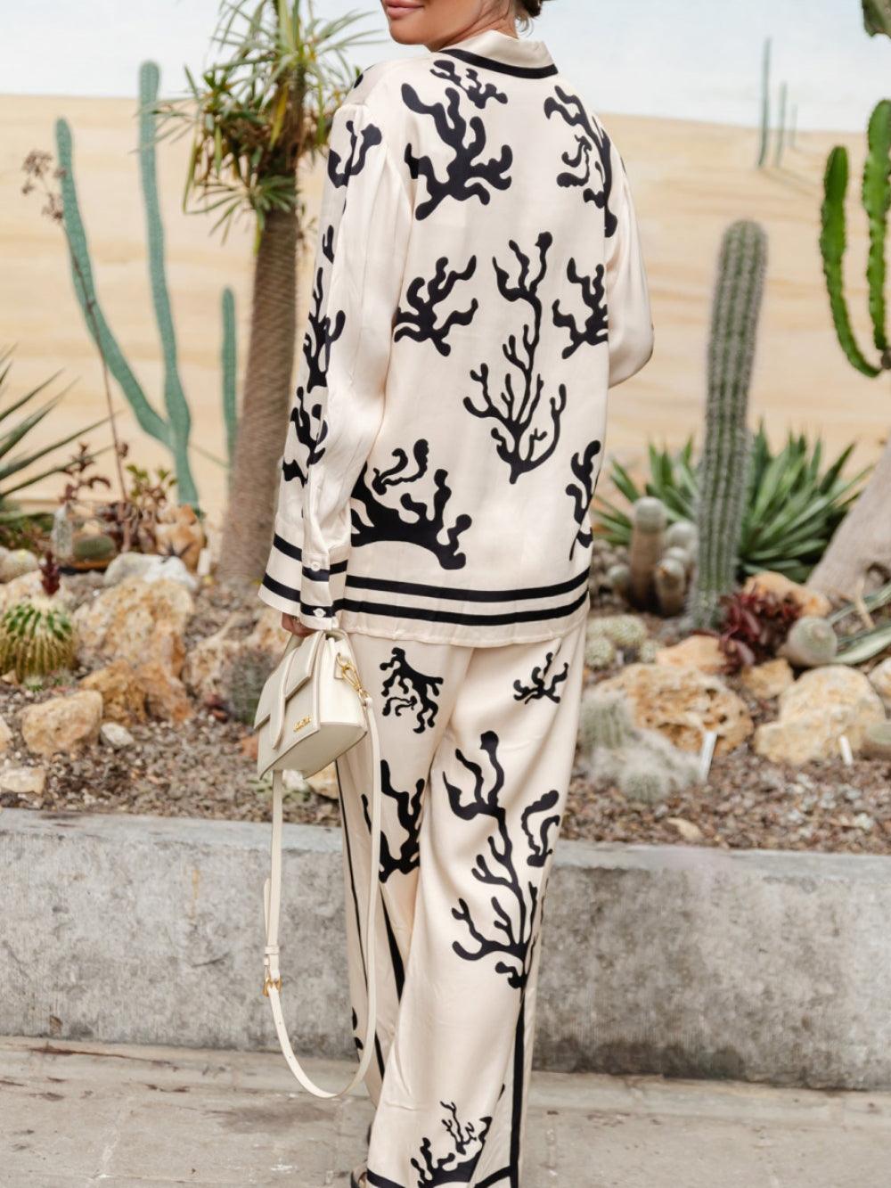Women's Abstract Print Blouse & Wide-Leg Trousers Set - Button-Up, High Waist, Relaxed Fit