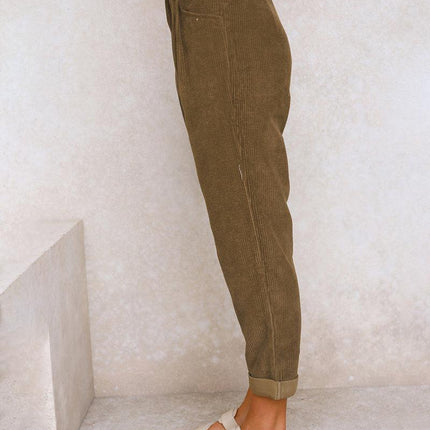 Women's High-Waisted Trousers Pleated Front Cuffed Hem Ribbed Fabric