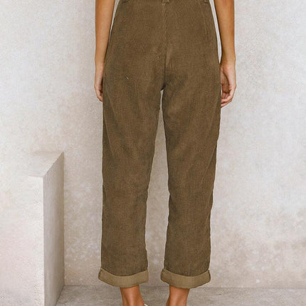 Women's High-Waisted Trousers Pleated Front Cuffed Hem Ribbed Fabric