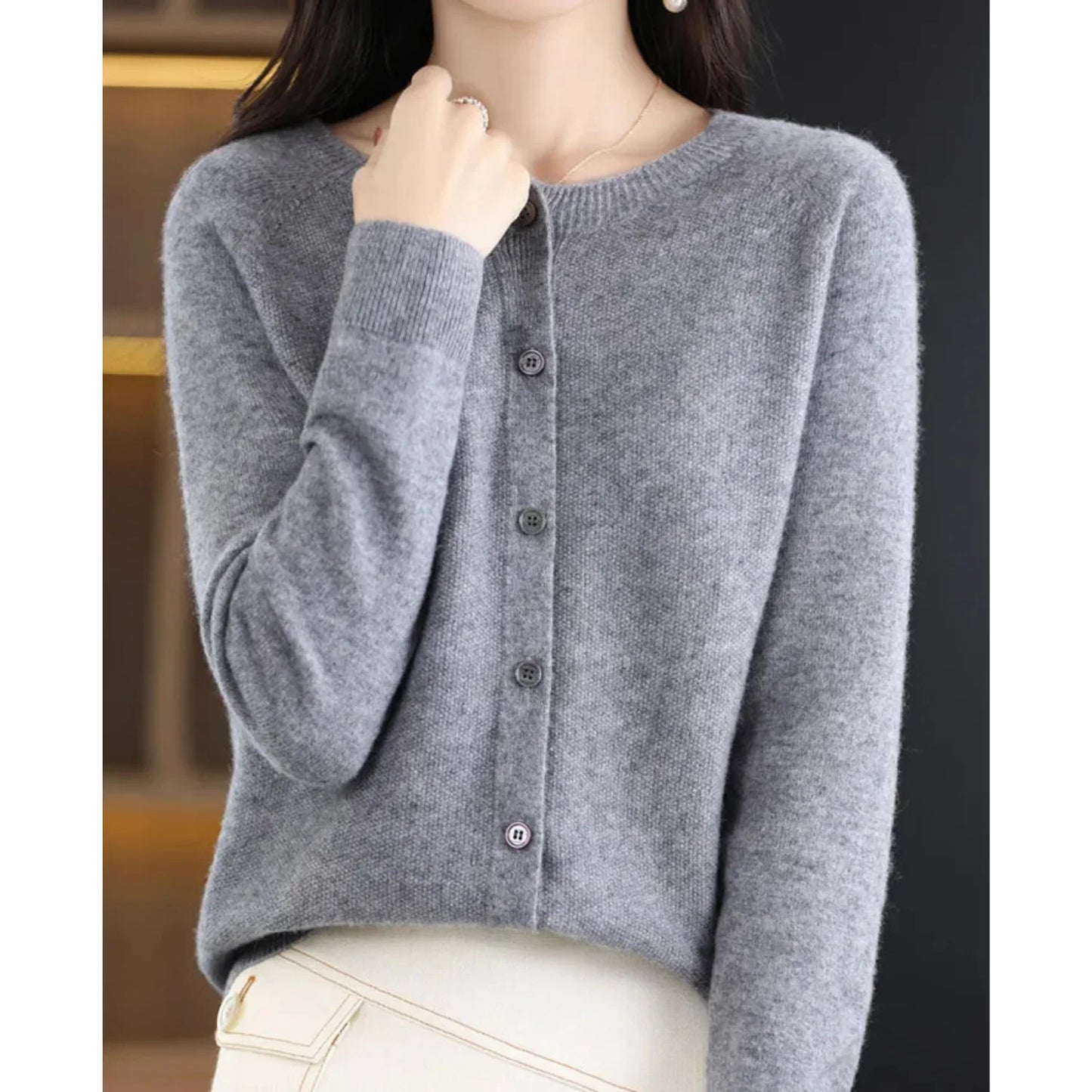Women's O-Neck Cardigan Pure Wool Cashmere Sweater