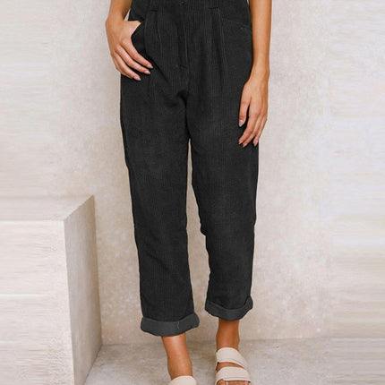 Women's High-Waisted Trousers Pleated Front Cuffed Hem Ribbed Fabric