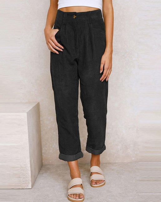 Women's High-Waisted Trousers Pleated Front Cuffed Hem Ribbed Fabric