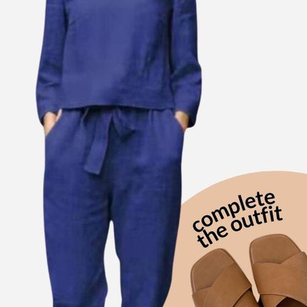 Women's Linen Long Sleeve Shirt and Elastic Waist Pencil Pants Set