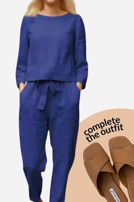 Women's Linen Long Sleeve Shirt and Elastic Waist Pencil Pants Set