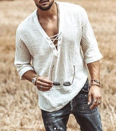 Men's Lightweight V-Neck Casual Shirt - Relaxed Fit 3/4 Sleeve