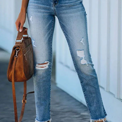 Women's Straight Leg Ripped Denim Jeans