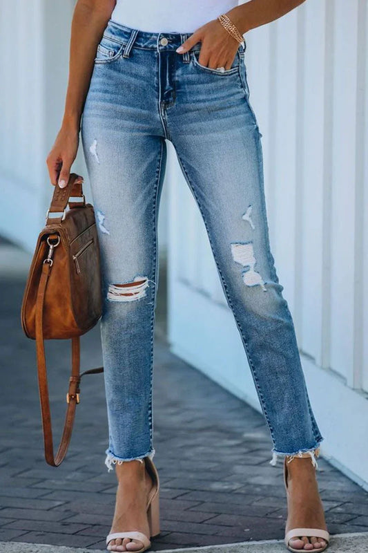 Women's Straight Leg Ripped Denim Jeans