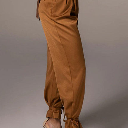 Women's High-Waisted Trousers Pleated Front Tapered Fit Ankle Tie