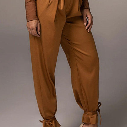Women's High-Waisted Trousers Pleated Front Tapered Fit Ankle Tie