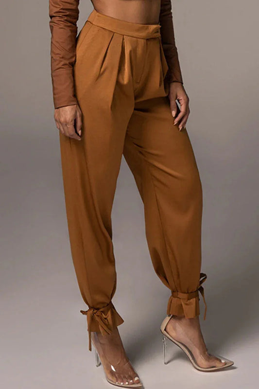 Women's Tapered Trousers Pleated Front High-Waisted Ankle Tie Detail