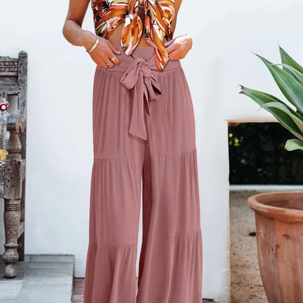 Women's Wide Leg Trousers Lightweight Flowing Fabric High Waist with Tie Belt