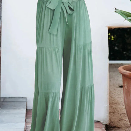 Women's Wide Leg Trousers Lightweight Flowing Fabric High Waist with Tie Belt