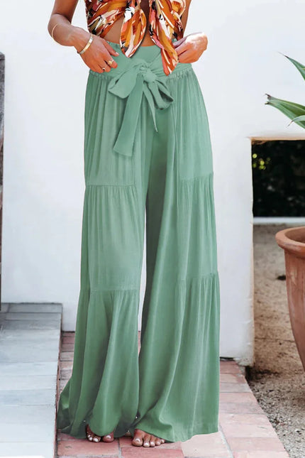 Women's Wide Leg Trousers Lightweight Flowing Fabric High Waist with Tie Belt
