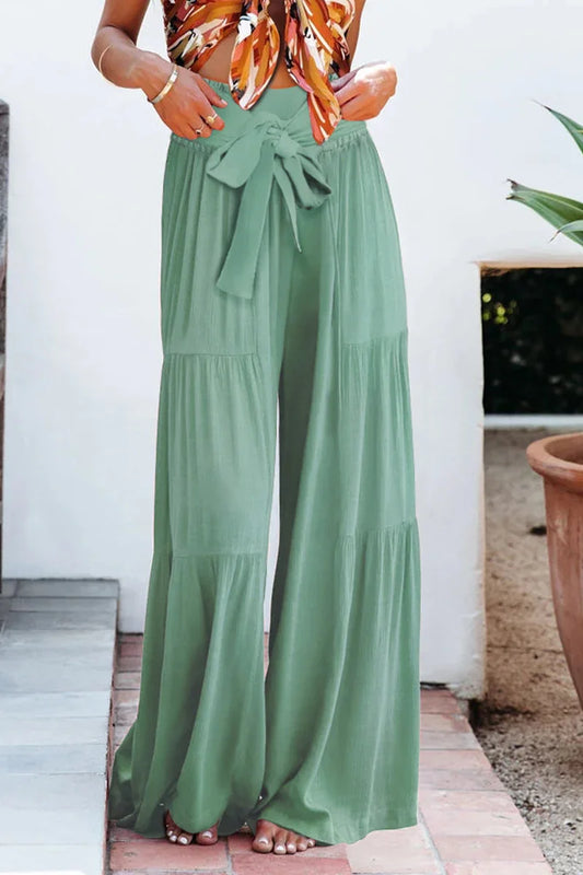 Women's Wide Leg Trousers Lightweight Flowing Fabric High Waist with Tie Belt