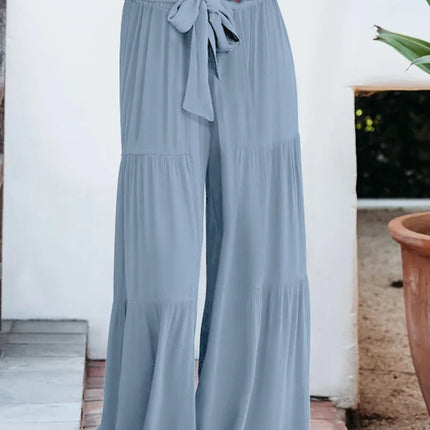 Women's Wide Leg Trousers Lightweight Flowing Fabric High Waist with Tie Belt