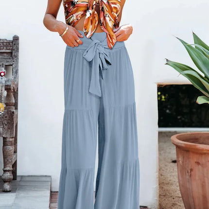 Women's Wide Leg Trousers Lightweight Flowing Fabric High Waist with Tie Belt