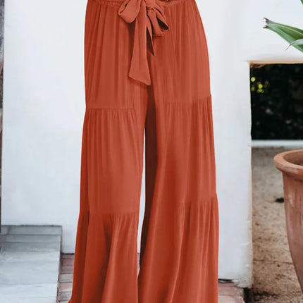 Women's Wide Leg Trousers Lightweight Flowing Fabric High Waist with Tie Belt