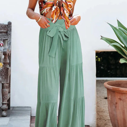 Women's Wide Leg Trousers Lightweight Flowing Fabric High Waist with Tie Belt