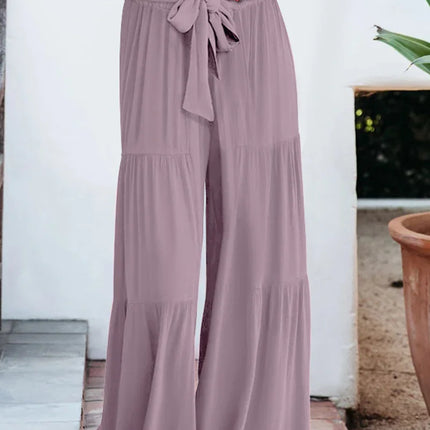 Women's Wide Leg Trousers Lightweight Flowing Fabric High Waist with Tie Belt