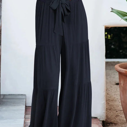 Women's Wide Leg Trousers Lightweight Flowing Fabric High Waist with Tie Belt
