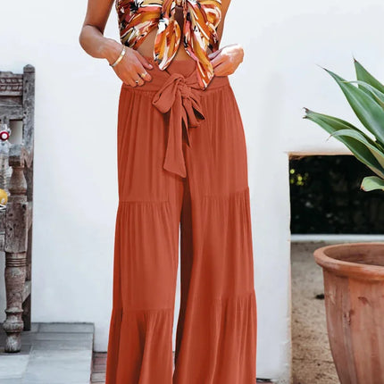 Women's Wide Leg Trousers Lightweight Flowing Fabric High Waist with Tie Belt