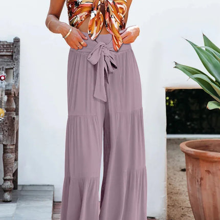 Women's Wide Leg Trousers Lightweight Flowing Fabric High Waist with Tie Belt