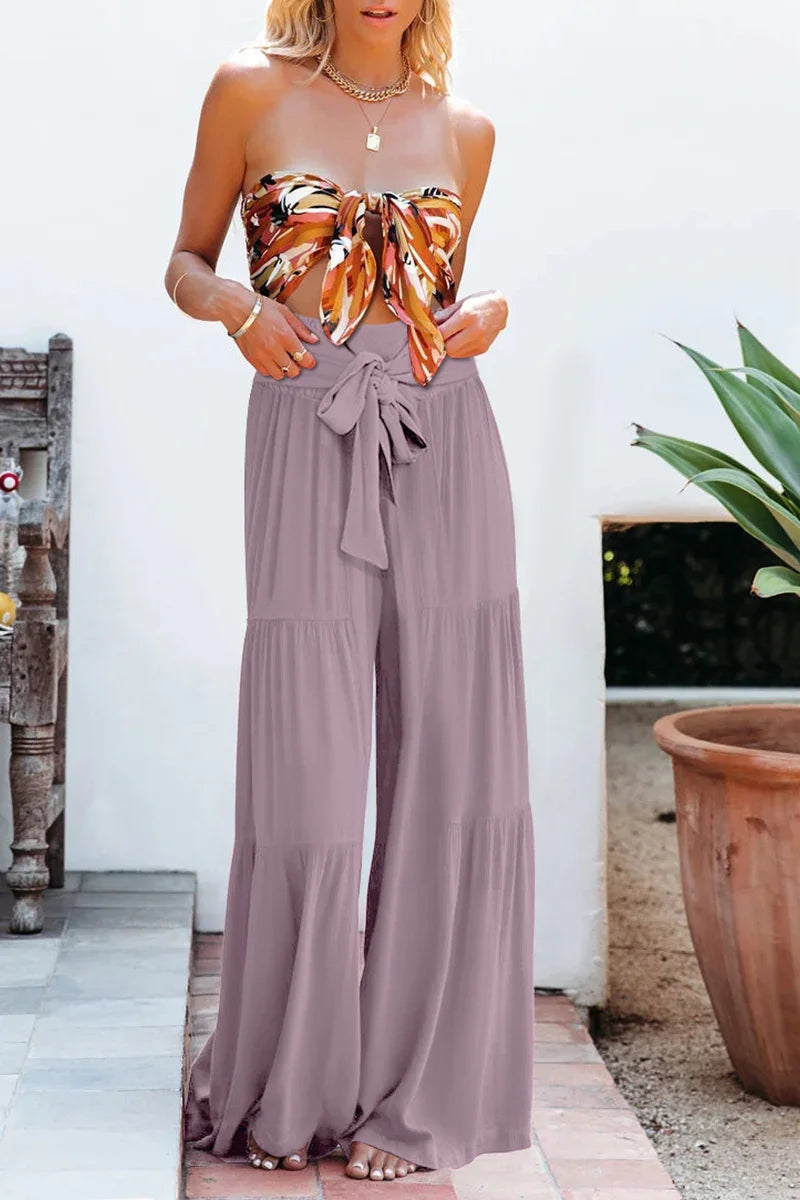 Women's Wide Leg Trousers Lightweight Flowing Fabric High Waist with Tie Belt