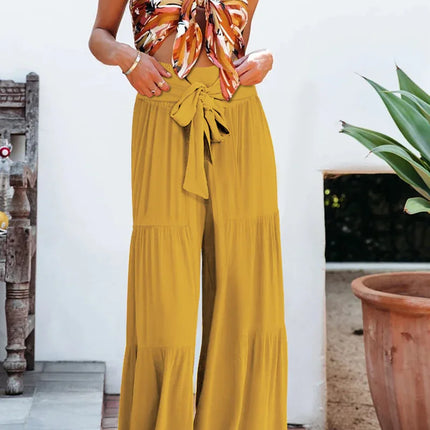 Women's Wide Leg Trousers Lightweight Flowing Fabric High Waist with Tie Belt