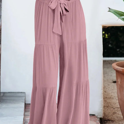 Women's Wide Leg Trousers Lightweight Flowing Fabric High Waist with Tie Belt