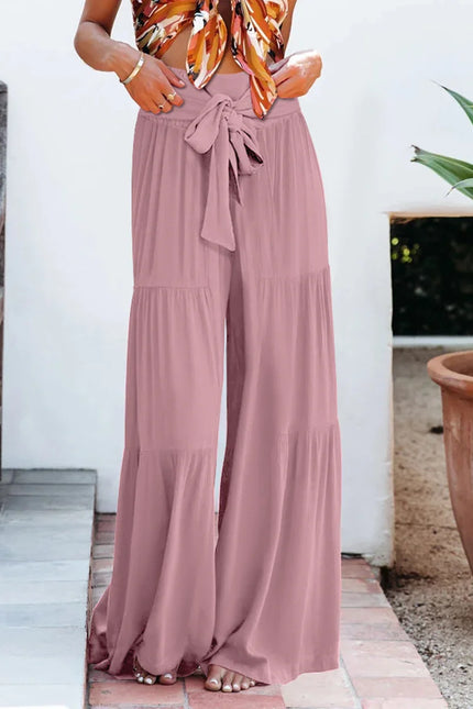 Women's Wide Leg Trousers Lightweight Flowing Fabric High Waist with Tie Belt