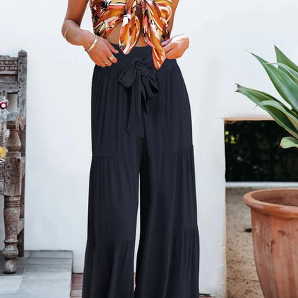 Women's Wide Leg Trousers Lightweight Flowing Fabric High Waist with Tie Belt