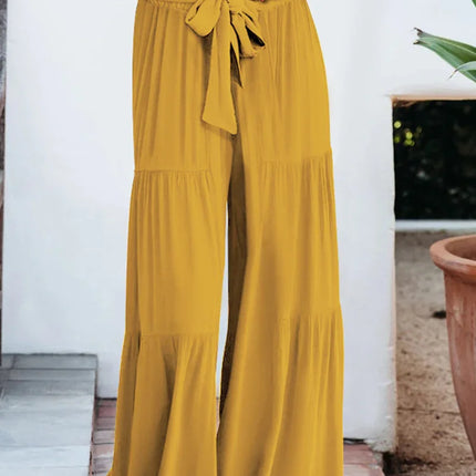 Women's Wide Leg Trousers Lightweight Flowing Fabric High Waist with Tie Belt