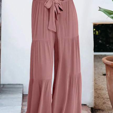 Women's Wide Leg Trousers Lightweight Flowing Fabric High Waist with Tie Belt