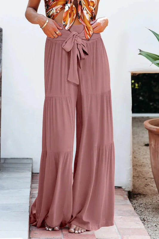 Women's Wide Leg Trousers Lightweight Flowing Fabric High Waist with Tie Belt