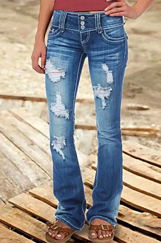 Women's Bootcut Denim Jeans Ripped High Waisted