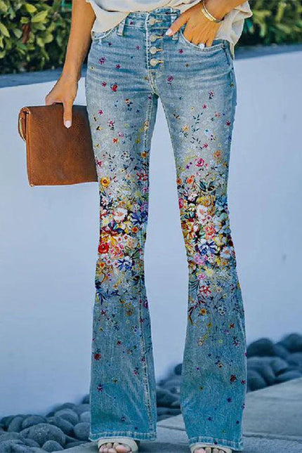 Women's Regular Denim Jeans Floral Pocket