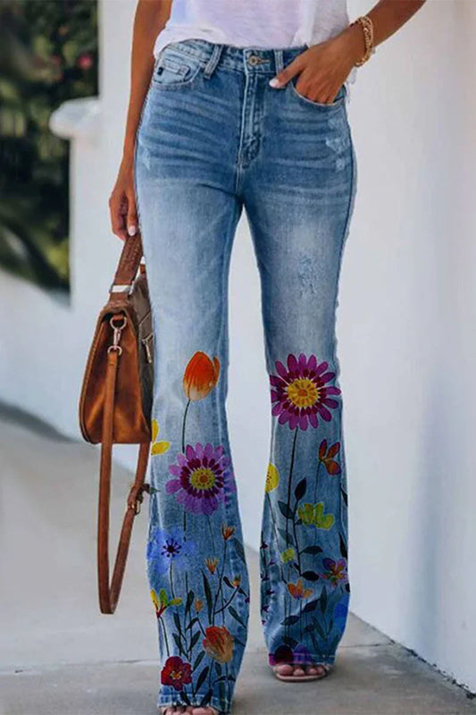 Women's Regular Denim Jeans Floral Pocket