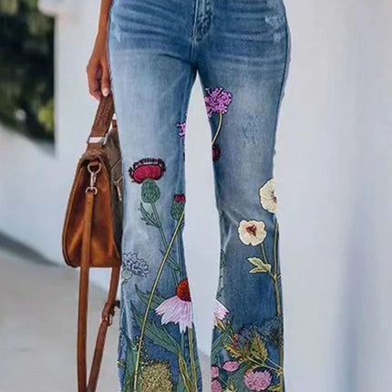 Women's Regular Denim Jeans Floral Pocket