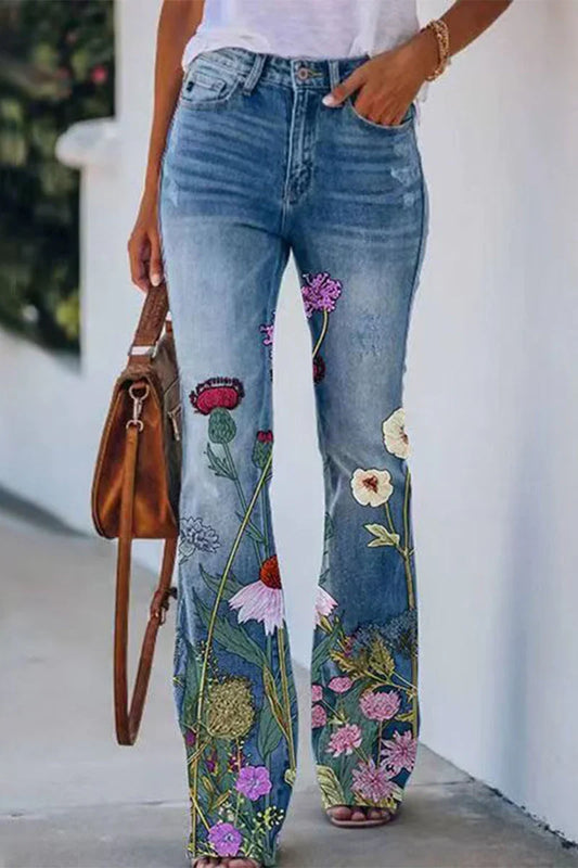 Women's Regular Denim Jeans Floral Pocket
