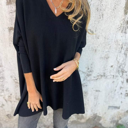 Women's V-Neck Oversized Shirt with Drop Shoulders and Long Sleeves