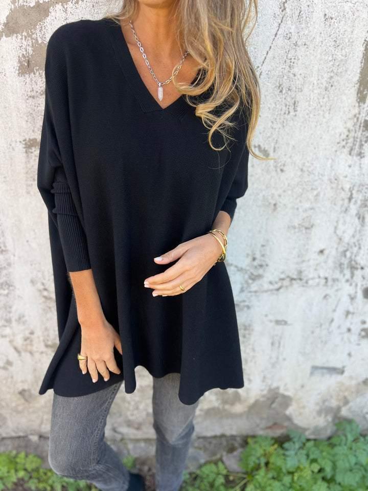 Women's V-Neck Oversized Shirt with Drop Shoulders and Long Sleeves