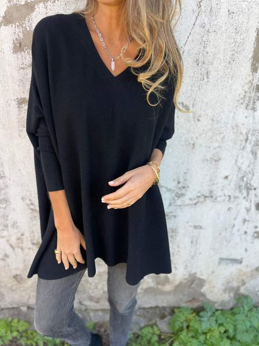 Women's V-Neck Oversized Shirt with Drop Shoulders and Long Sleeves