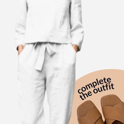 Women's Linen Long Sleeve Shirt and Elastic Waist Pencil Pants Set