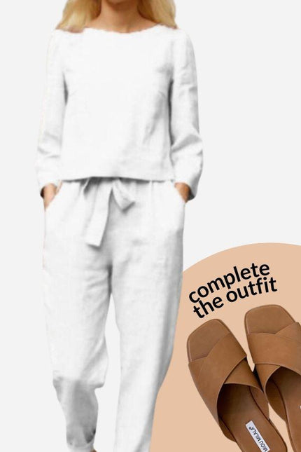 Women's Linen Long Sleeve Shirt and Elastic Waist Pencil Pants Set