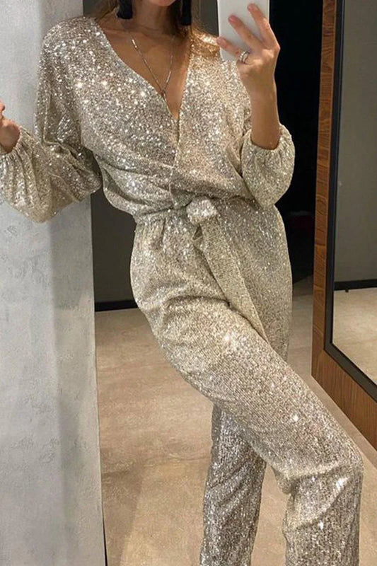 Women's Sequin Bandage Jumpsuit V-Neck