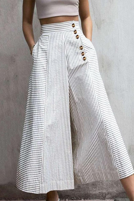 Women's Striped High-Waisted Culottes with Button Detail