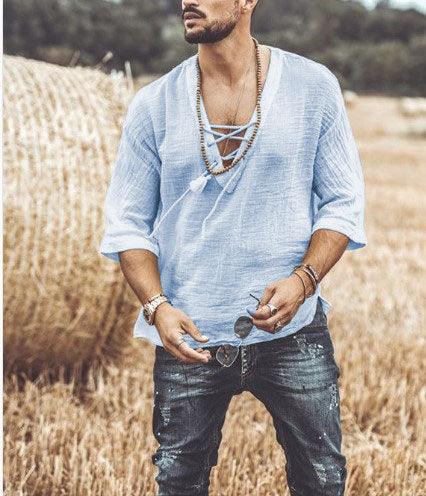 Men's Lightweight V-Neck Casual Shirt - Relaxed Fit 3/4 Sleeve