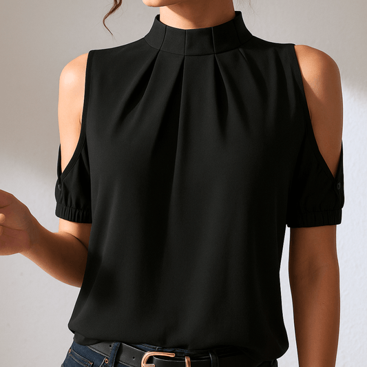 Women's High-Neck Pleated Blouse with Cut-Out Sleeves