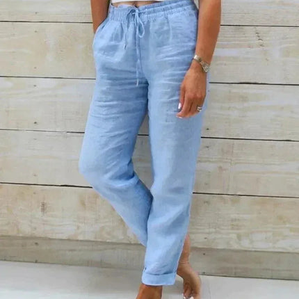 Women's Relaxed Fit Cotton Trousers with Elastic Waist and Drawstring