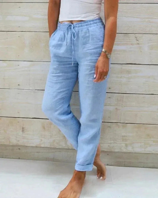 Women's Relaxed Fit Cotton Trousers with Elastic Waist and Drawstring